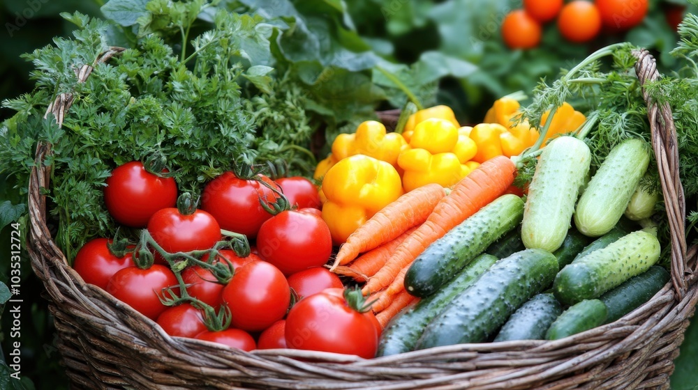 A vibrant assortment of fresh vegetables in a colorful harvest basket, featuring red tomatoes, green cucumbers, and orange carrots, all in selective focus A vibrant assortment of fresh vegetables in a colorful harvest basket, featuring red tomatoes, green cucumbers, and orange carrots, all in selective focus