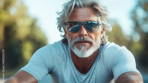 A handsome, silver-haired man wearing sunglasses basks in the serene outdoors, showcasing a blend of style and tranquility in a vibrant, natural setting.