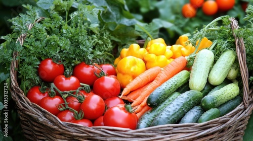 A vibrant assortment of fresh vegetables in a colorful harvest basket, featuring red tomatoes, green cucumbers, and orange carrots, all in selective focus