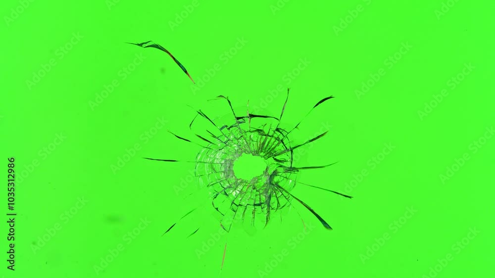 Super slow motion of gunshot through the glass, shattering against green screen background . Filmed on high speed cinema camera, 1000 fps.