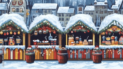 A vibrant Christmas market scene in a seamless pattern, showcasing snowy stalls filled with warm drinks, holiday treats, and ornaments in a winter village photo