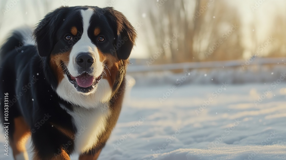 A cute fluffy Bernese mountain dog sitting on half melted snow in the Alps A cute fluffy Bernese mountain dog sitting on half melted snow in the Alps