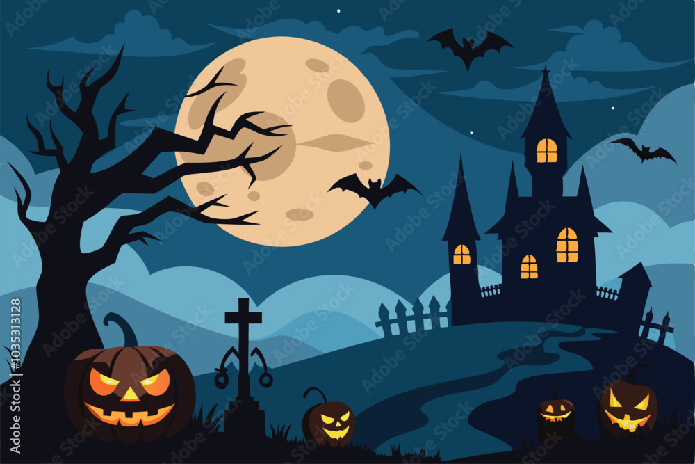 Halloween design with hunted tree, pumpkin, house and bats vector illustration - Generative AI Halloween design with hunted tree, pumpkin, house and bats vector illustration - Generative AI