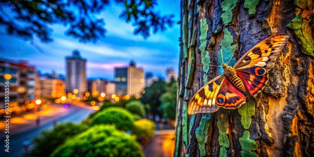 Fototapeta premium Captivating Moth Resting on a Tree in Urban Exploration Setting