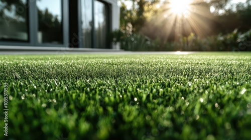 The close-up of freshly dewy grass sparkles as golden sunrays streak across, illustrating the peace and renewal found in nature and a modern outdoor ambiance.