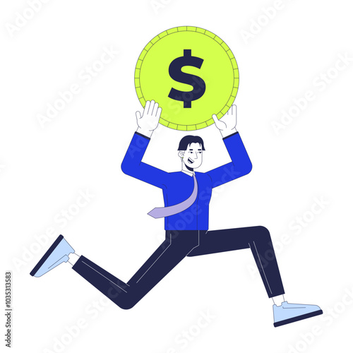 Digital marketing budget 2D illustration concept. Asian man running with dollar coin cartoon character isolated on white. Allocation funds for business promotion metaphor abstract flat vector graphic