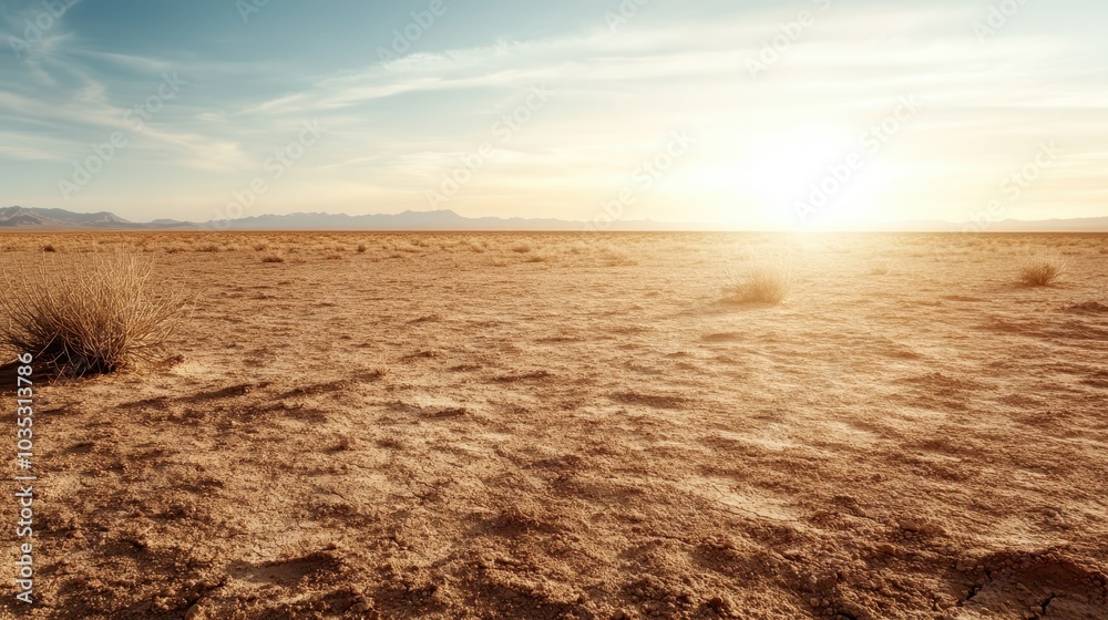 A striking image of arid desert terrain with sparse bushes under the sun setting on the horizon, creating a warm glow and a feeling of solitude and calmness.