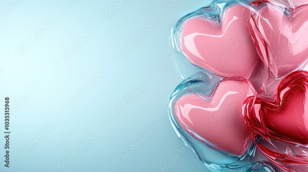 Four glossy hearts, in shades of pink, are intertwined and framed with blue ribbons on a light blue background, evoking feelings of unity and togetherness. Four glossy hearts, in shades of pink, are intertwined and framed with blue ribbons on a light blue background, evoking feelings of unity and togetherness.