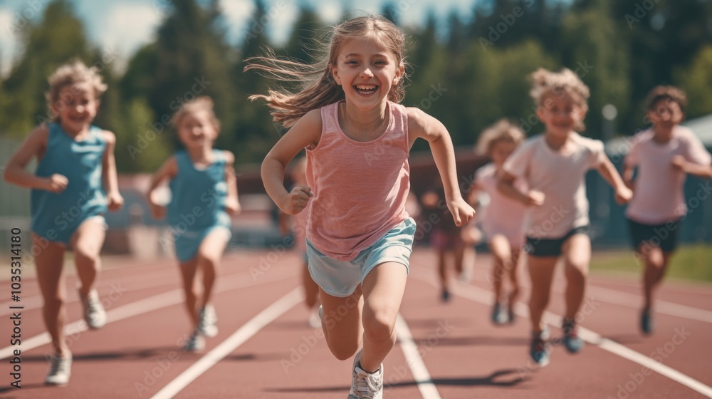 Smiling children running on the track on sports event. Smiling children running on the track on sports event.