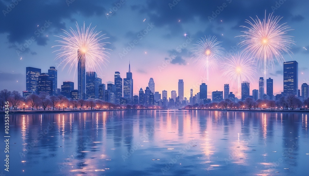 Fototapeta premium City skyline with fireworks reflecting over river at dusk