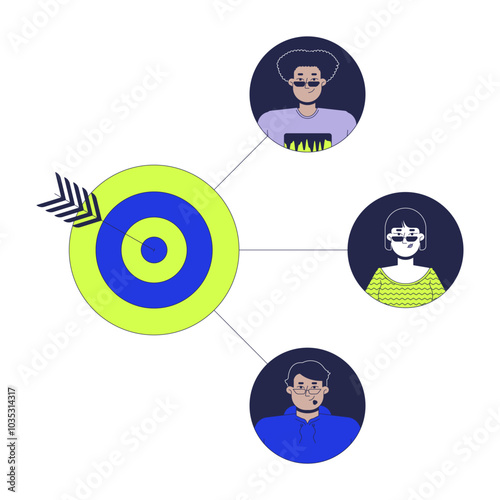 Target customers 2D illustration concept. Common goal for team cartoon characters isolated on white. Purpose employees. Consumers aim. Internet marketing metaphor abstract flat vector graphic