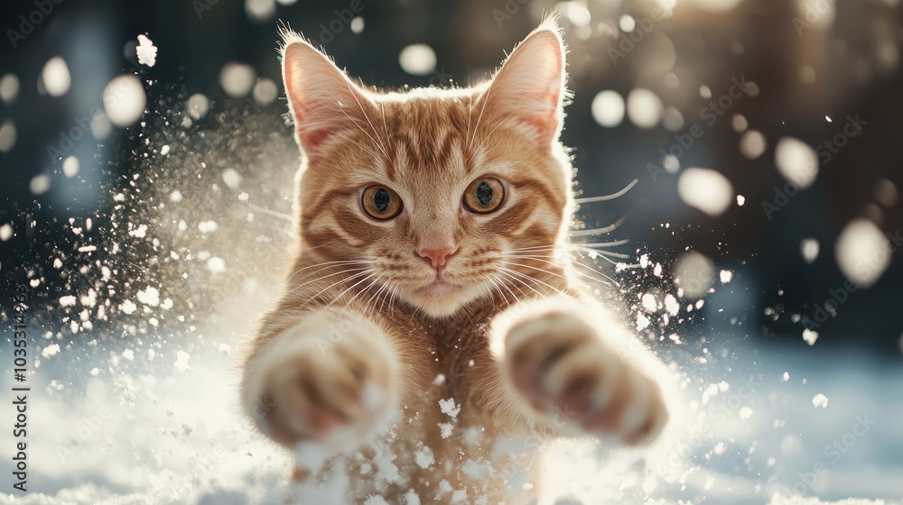 A lively ginger cat bounds through fluffy snowflakes, capturing the essence of a joyful winter's day with its spirited movement and dazzling energy. A lively ginger cat bounds through fluffy snowflakes, capturing the essence of a joyful winter's day with its spirited movement and dazzling energy.