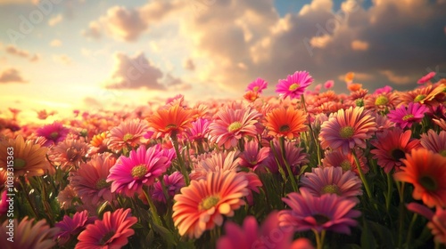 A Field of Pink and Orange Gerbera Daisies Under a Cloudy Sunset