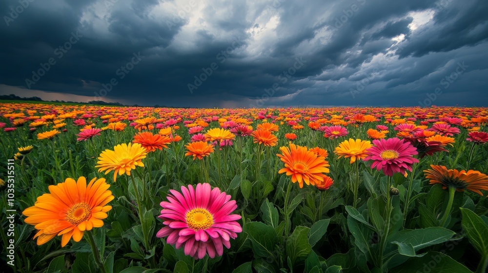 Fototapeta premium Vibrant Orange and Pink Gerbera Daisies in a Field with Dramatic Storm Clouds