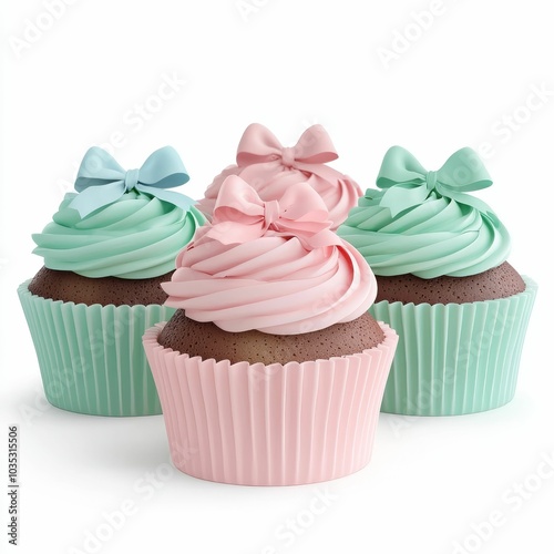 Four delightful cupcakes with colorful frosting and bows, perfect for celebrations or sweet treats.