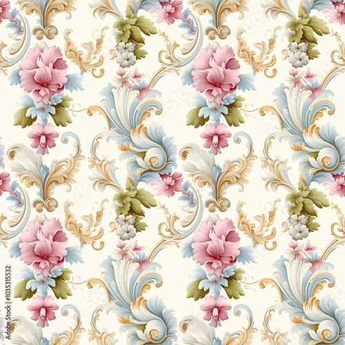 Elegant floral pattern with pink and green flowers on soft cream background for classic decor
