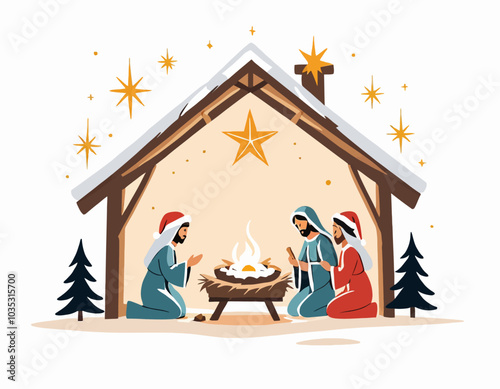 christmas nativity scene with family isolated on a white background