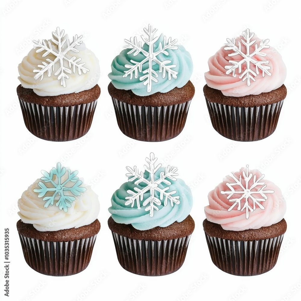 Festively decorated cupcakes featuring snowflake toppers, showcasing pastel colors on a chocolate base, perfect for winter celebrations.