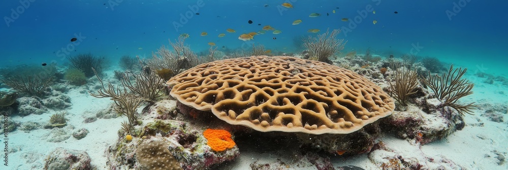 Fototapeta premium Underwater Landscape Colorful Coral Reef, Sponges, Fishes. Paradise of Tropical Ocean