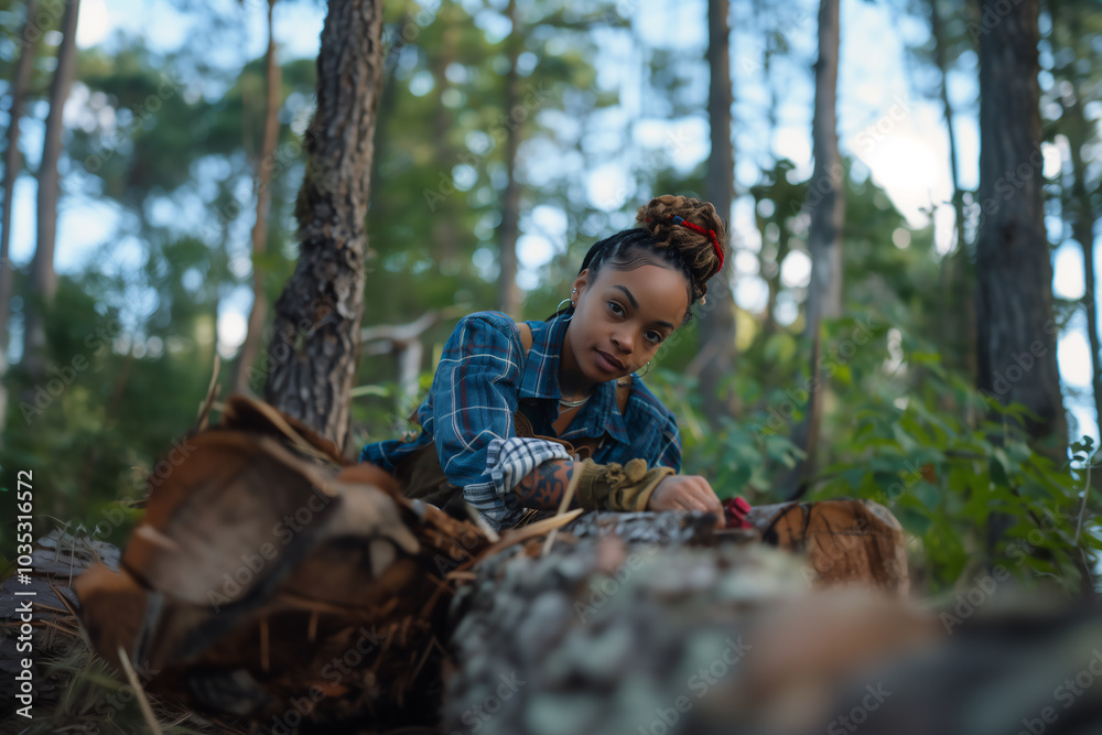 Female lumberjack in overalls handles a large piece of timber. The image captures her comfort and confidence in her work environment, highlighting the blend of strength and positivity. Female lumberjack in overalls handles a large piece of timber. The image captures her comfort and confidence in her work environment, highlighting the blend of strength and positivity.