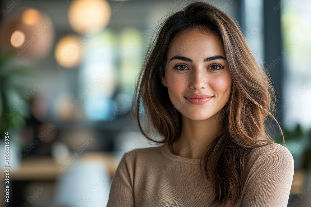 Businesswoman looking happy in office, Generative AI Businesswoman looking happy in office, Generative AI