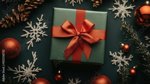 An elegant festive atmosphere with a green gift box tied with a red ribbon, surrounded by delicate white snowflakes and vibrant red ornaments at the bottom.