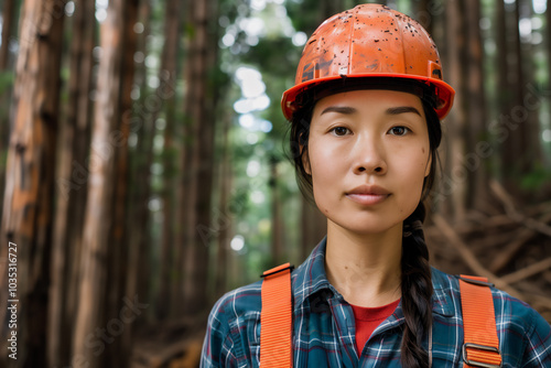 Female lumberjack in overalls handles a large piece of timber. The image captures her comfort and confidence in her work environment, highlighting the blend of strength and positivity.