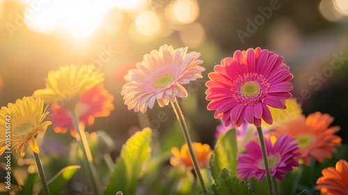 Colorful Gerbera Daisies Blooming in Golden Sunlight