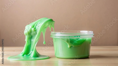 slime oozing out of a container and onto a beige surface, drippy, slime, beige photo