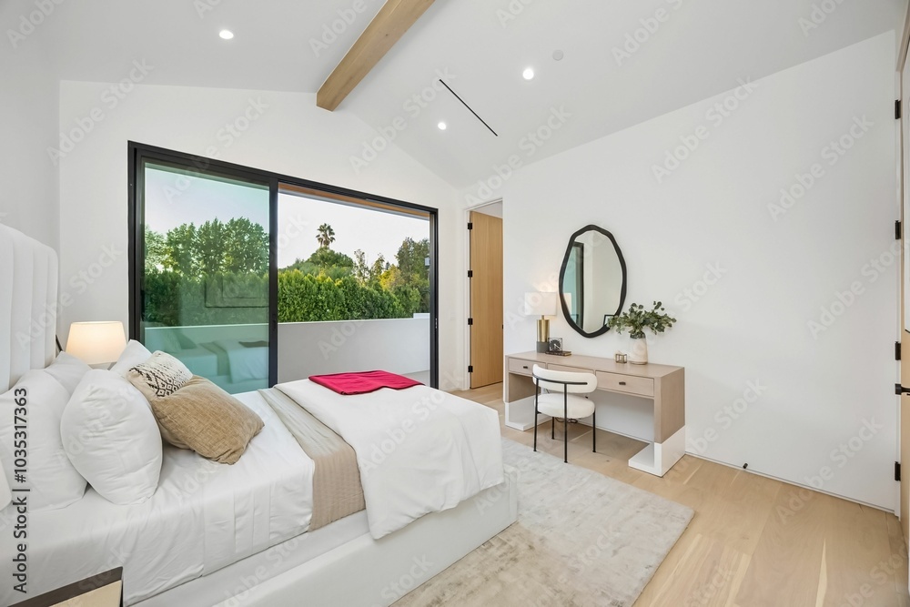 Modern bedroom with minimalist design and large window. Modern bedroom with minimalist design and large window.