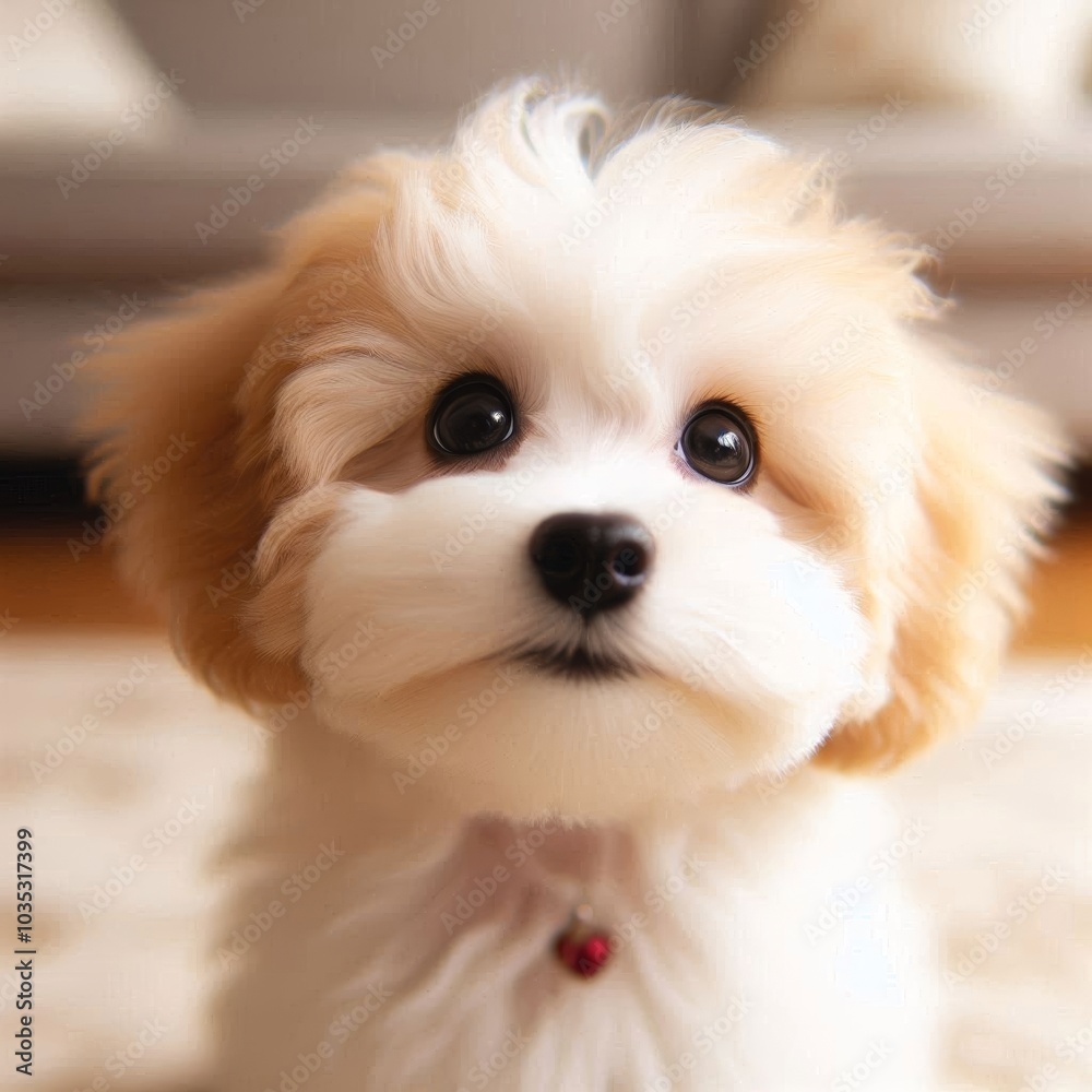 Maltipoo puppy looking up with big, adorable eyes Maltipoo puppy looking up with big, adorable eyes