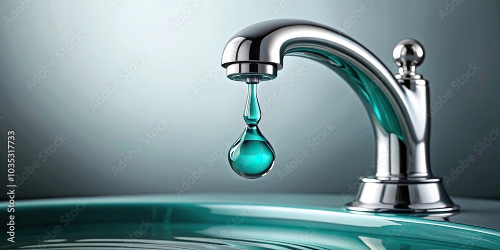 Teal water drips slowly from a faucet into a sink, liquid drop, dripping water, blue Teal water drips slowly from a faucet into a sink, liquid drop, dripping water, blue