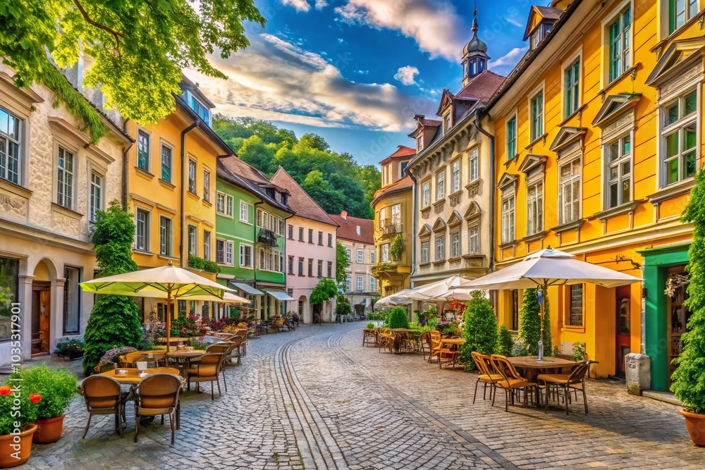Fototapeta premium Charming Candid Photography of Ljubljana's Old Town Street with Colorful Architecture