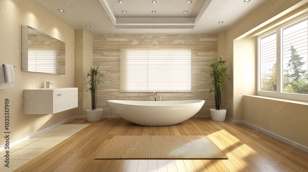 Fototapeta premium Elegant minimalist bathroom featuring a bamboo floor mat and stone accents