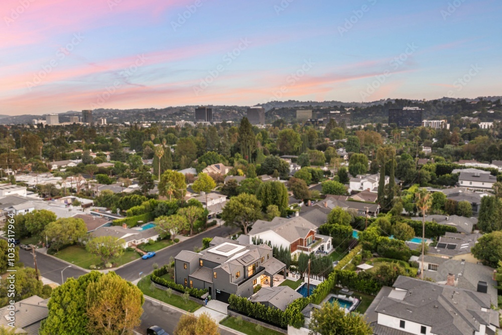 Fototapeta premium Aerial suburban view at sunset.