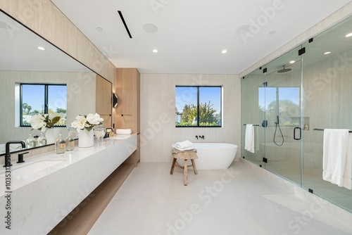 Valokuva Modern luxury bathroom with minimalist design.