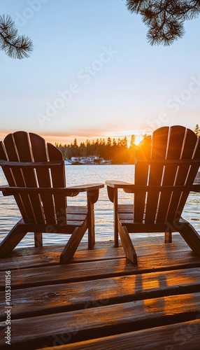 Two Empty Adirondack Chairs On Wooden Dock At Sunset, Lake View With Forest, Orange Sky photo