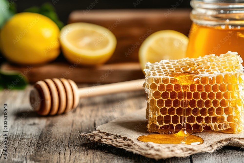 A rich, golden honeycomb piece sits on a burlap-covered surface, gleaming as honey drips slowly and a background of lemons adds a hint of freshness. A rich, golden honeycomb piece sits on a burlap-covered surface, gleaming as honey drips slowly and a background of lemons adds a hint of freshness.