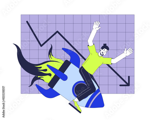 Digital marketing fail 2D illustration concept. Caucasian man falling down on rocket cartoon character isolated on white. Worst online marketing campaign failure metaphor abstract flat vector graphic