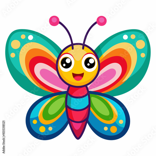 Colorful cartoon butterfly illustration in vibrant colors with a playful expression perfect for children's artwork and educational materials