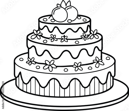 Wedding cake engraving black and white single outline, illustration on white background.