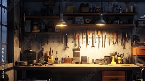 A Well-Equipped Workshop with Tools and Supplies on Shelves and Workbench