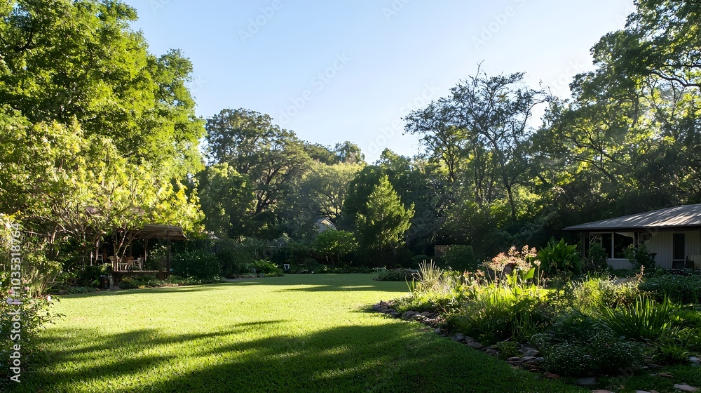 Photograph showcasing a comfortable and welcoming suburban family home with a expansive backyard featuring a beautifully landscaped garden area filled with flourishing greenery flowers