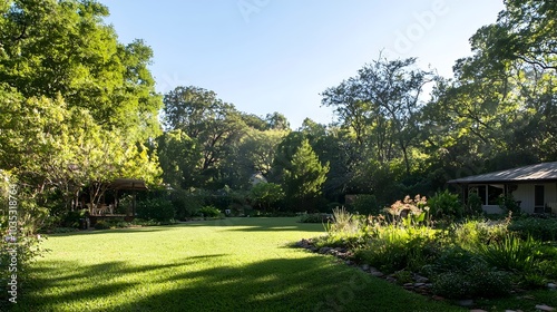 Obraz na płótnie Photograph showcasing a comfortable and welcoming suburban family home with a expansive backyard featuring a beautifully landscaped garden area filled with flourishing greenery flowers w salonie