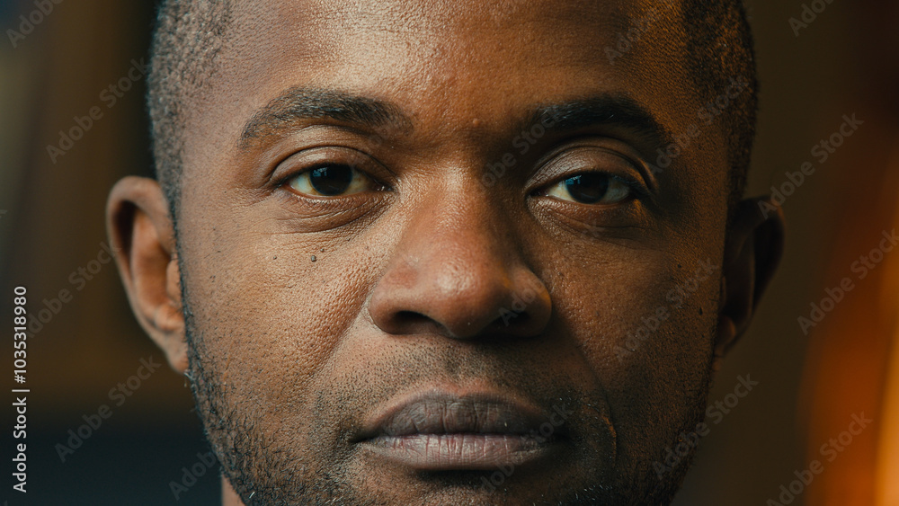 Fototapeta premium Close-up male portrait serious sad lonely mature african american man looking at camera desperate unhappy hopeless middle-aged ethnic businessman posing indoors crisis problem concept moving footage