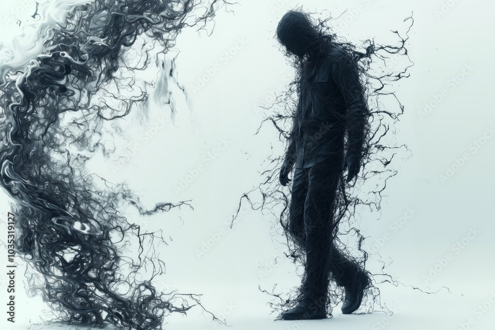 A solitary male figure enveloped in swirling dark forms, creating a surreal atmosphere. A solitary male figure enveloped in swirling dark forms, creating a surreal atmosphere.