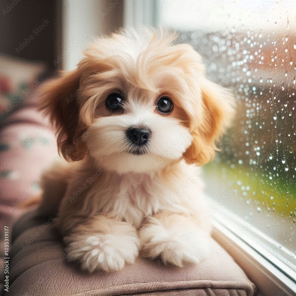 Maltipoo puppy sitting on windowsill Maltipoo puppy sitting on windowsill