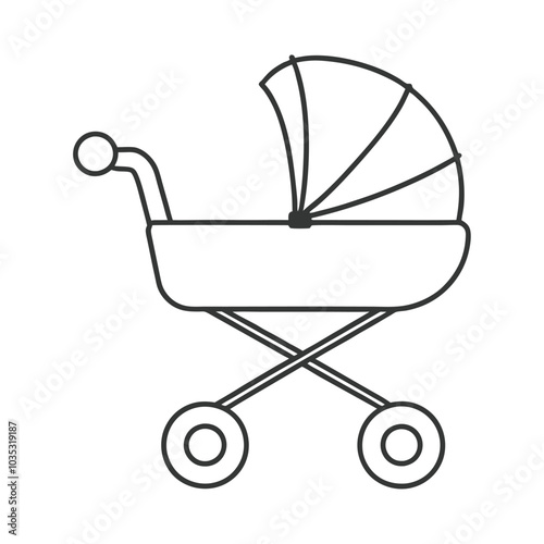 Minimalist Baby Stroller Line Art Icon for Parenting and Baby Product Logos.