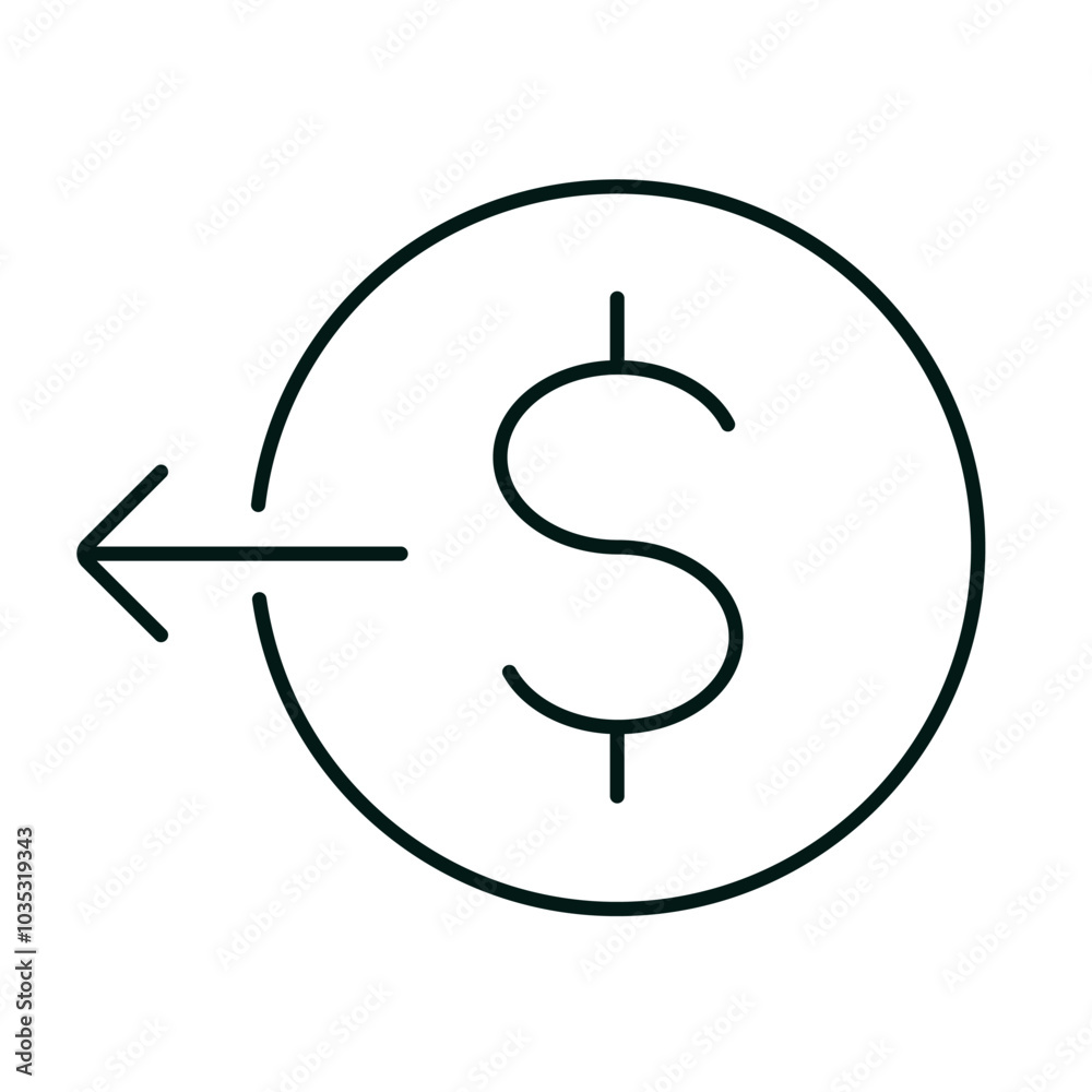 Dollar coin with left arrow. Line icon for web, website or mobile app. Finance, money transfer, cryptocurrency, trade, currency exchange, stock market concept. Editable vector stroke. Pixel Perfect.