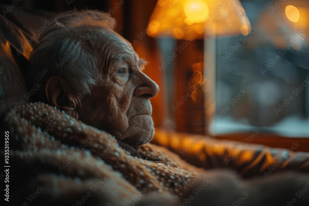 Elderly person with aching joints, rejected by family, sitting in empty living room, soft lamp light, side angle, feeling of dread, melancholic mood Elderly person with aching joints, rejected by family, sitting in empty living room, soft lamp light, side angle, feeling of dread, melancholic mood
